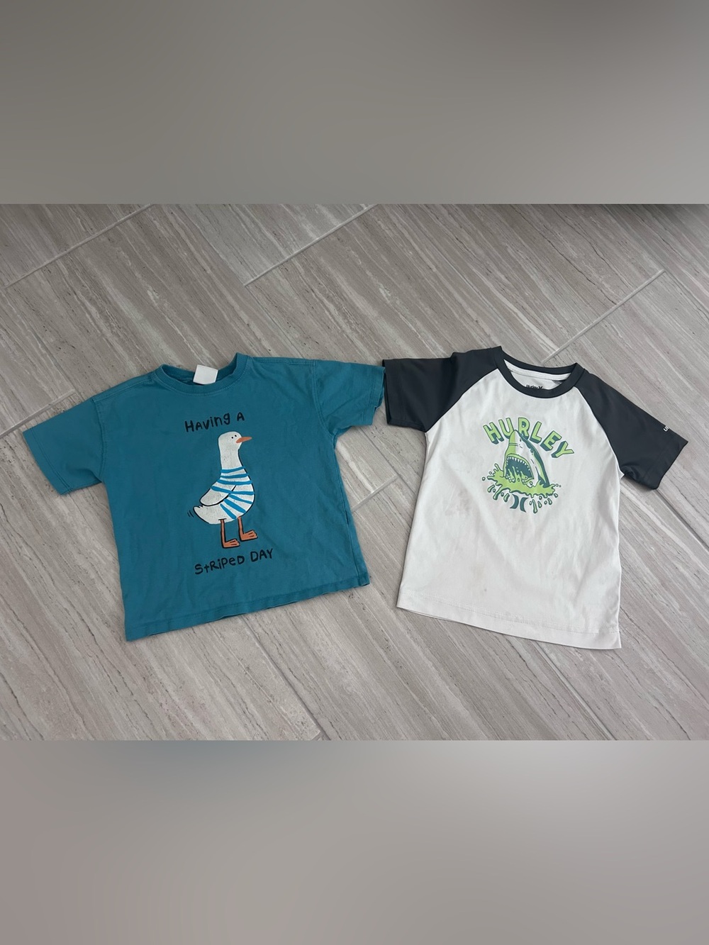 Zara Teal Duck Graphic Tee and Zara White Raglan Shark Tee